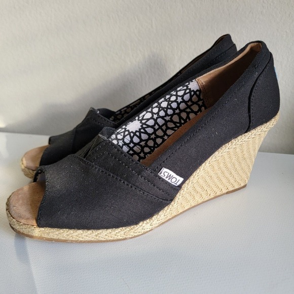TOMS Calypso Canvas Peep Toe Wedge Pump Espadrille Shoes‎ Women's Size 9 Black - Picture 1 of 12